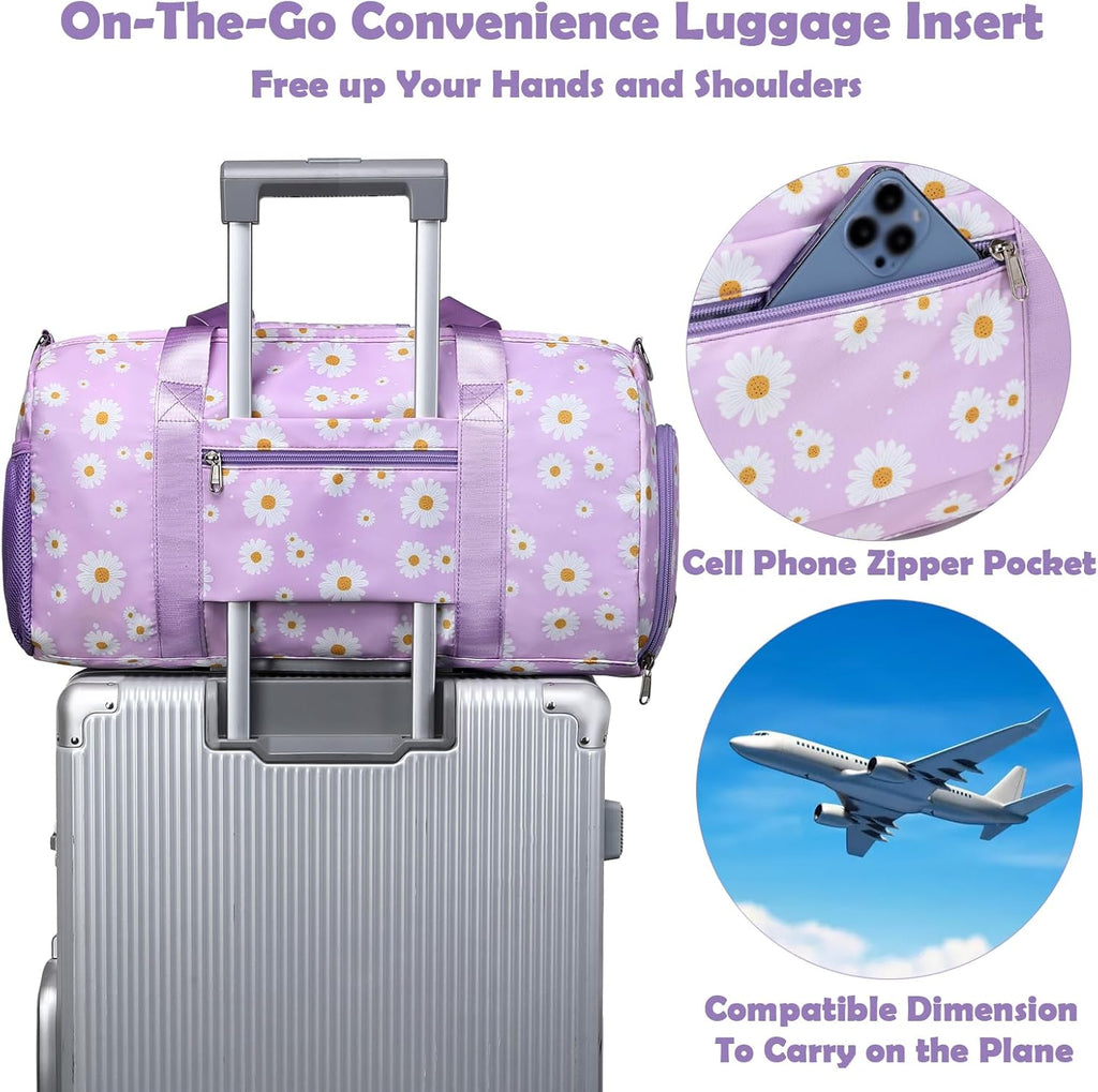 Skiennix Duffle Bag - Purple Daisy Dance Gym Bag with Wet & Shoe Compartments | Perfect for Travel & Sleepovers