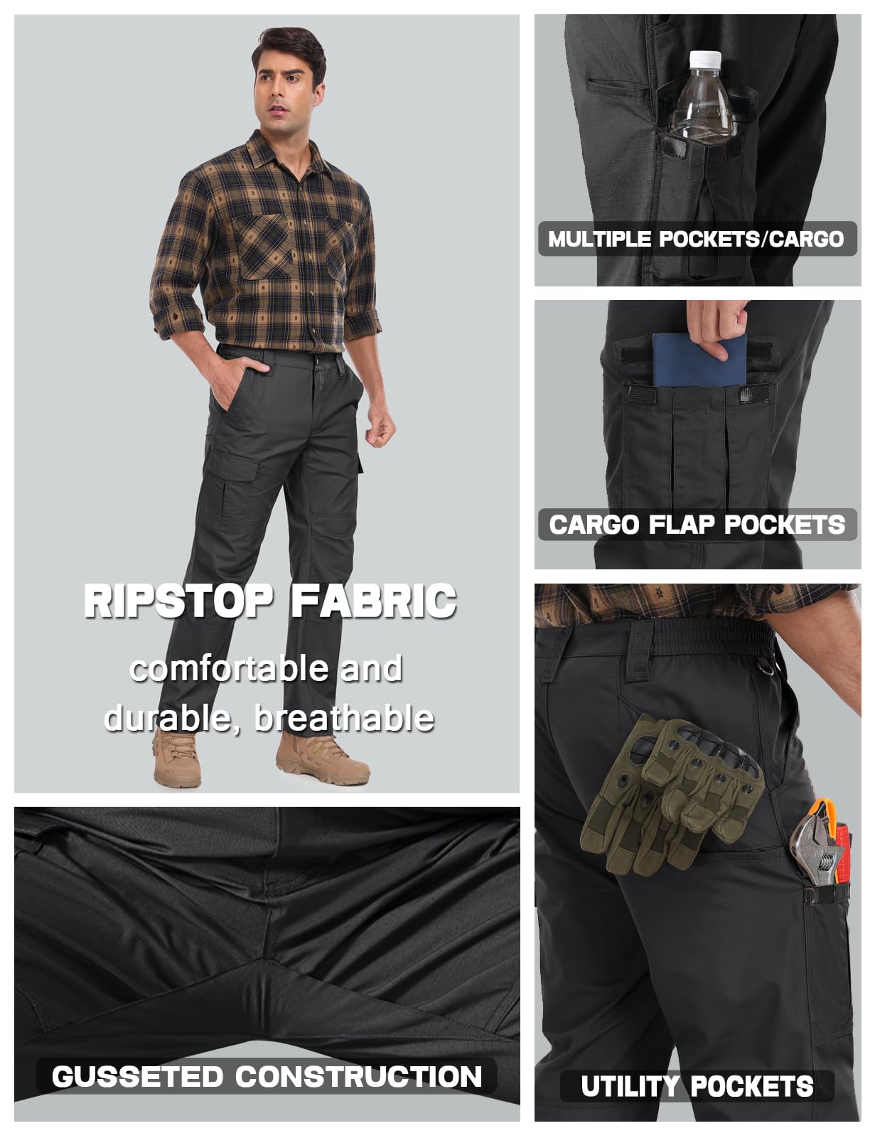 SPOSULEI Mens Cargo Pants Waterproof Ripstop Durable Tactical Work Pants Outdoor Lightweight Utility Hiking Working Construction Pants with 7 Pockets Black 34Wx32L
