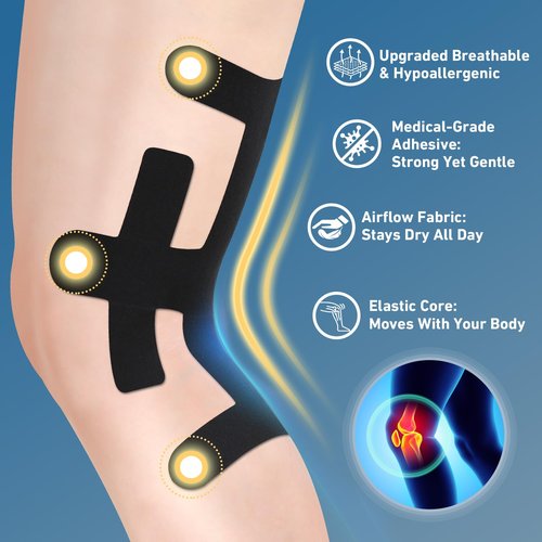 Precut Kinesiology Tape for Knees Valgus–12PCS KTQUICK Pain Relief Athletic Tape, Waterproof & Hypoallergenic Latex-Free, Elastic Breathable Long-Lasting Knee Support Tape for All(Black)
