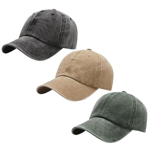 Yooooomi 3 Pack Men Womens Baseball Cap Plain Retro Adjustable Baseball Cap Washed Cotton Dad Hats (US, Alpha, One Size, Black+Khaki+Dark Green)