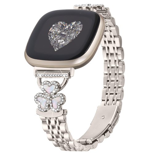 YouthRun Bling Love Clover Bands For Women Compatible With Versa 4/Versa 3/Sense 2/Sense Stainless Steel Adjustable Replacement Strap.