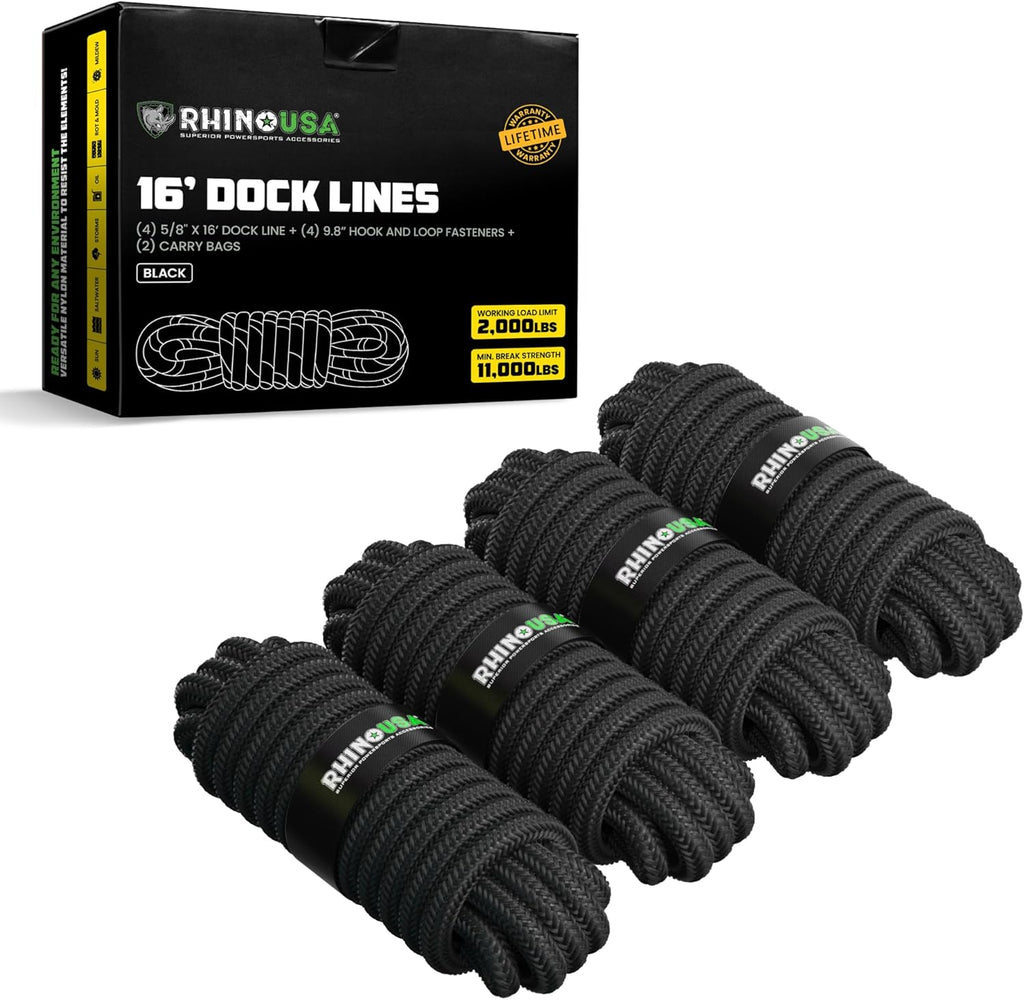 Rhino USA Dock Lines - Heavy Duty 5/8" x 16' Marine Grade Rope for Boats, Kayaks & Pontoons - Black