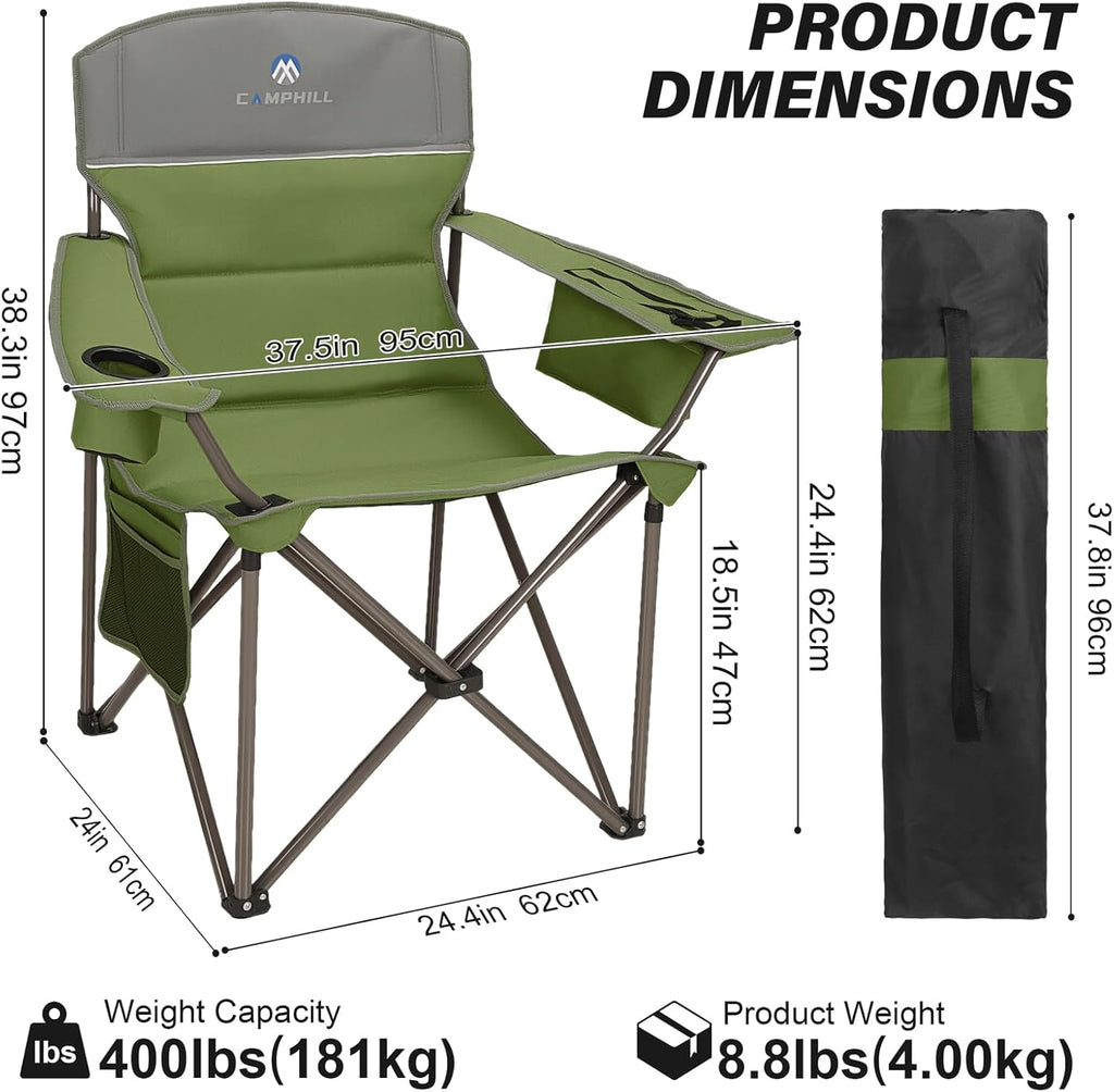 Skiennix Oversized Camping Chairs - Heavy Duty 400LBS Padded Lawn Chair with Cooler Bag & Cup Holder | Olive Green