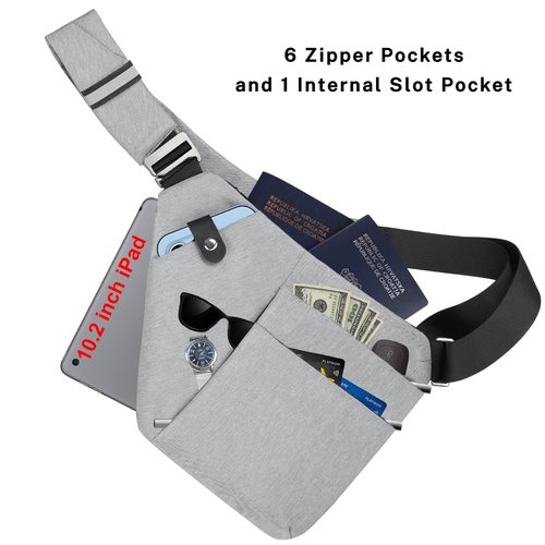 VADOO Anti-theft Sling Bag, RFID Blocking Crossbody Bag for Women and Men Lightweight Shoulder Chest Bag for Travel Sport, Grey 2.0, Large