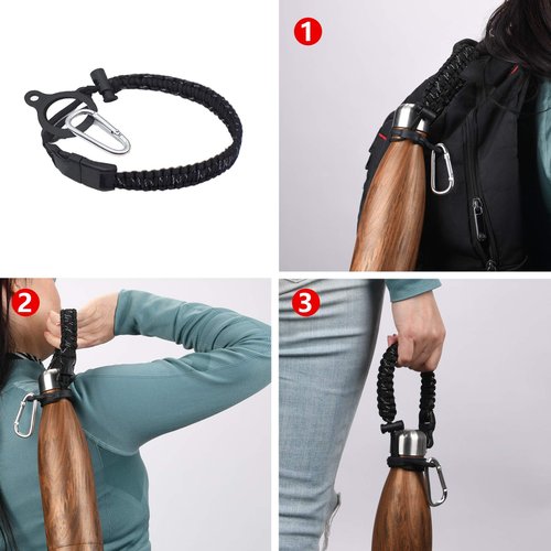 Wongeto Paracord Handle with Long Shoulder Strap, Water Bottle Strap Fits 12oz, 17oz and 25 oz Narrow Mouth Bottles (Black 1)