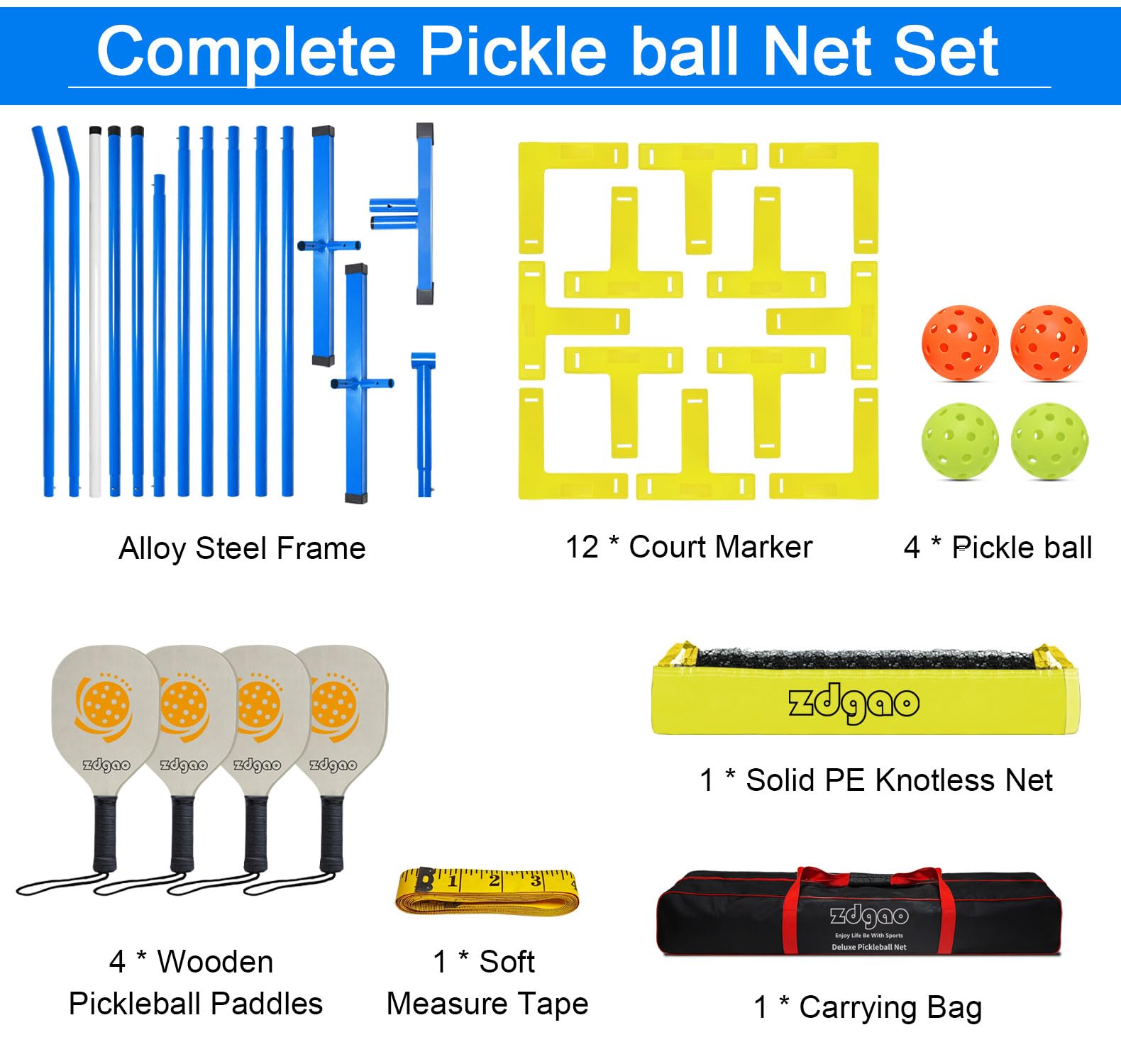 Zdgao Pickleball Nets Portable Outdoor Pickle Ball Set with 4 Wooden Pickleball Paddles, 4 Pickle Balls and Court Marking Kit, Regulation Size Pickleball Net with Carrying Bag for Backyard, Driveway