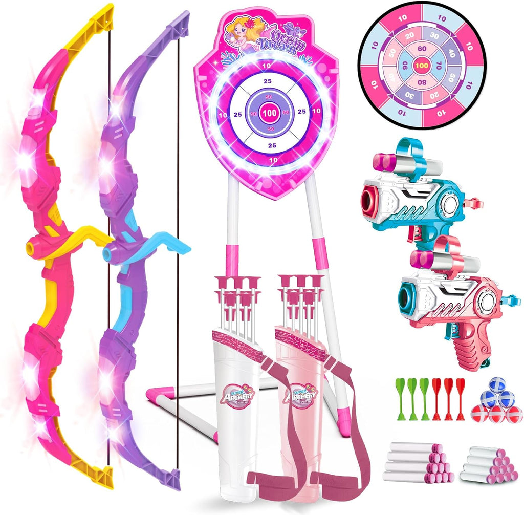 VATOS Bow and Arrow Toy Set - 4-in-1 Archery & Dart Game with LED Light, 20 Suction Cup Arrows & Mermaid Target | Indoor/Outdoor Gift for Kids Ages 5-12