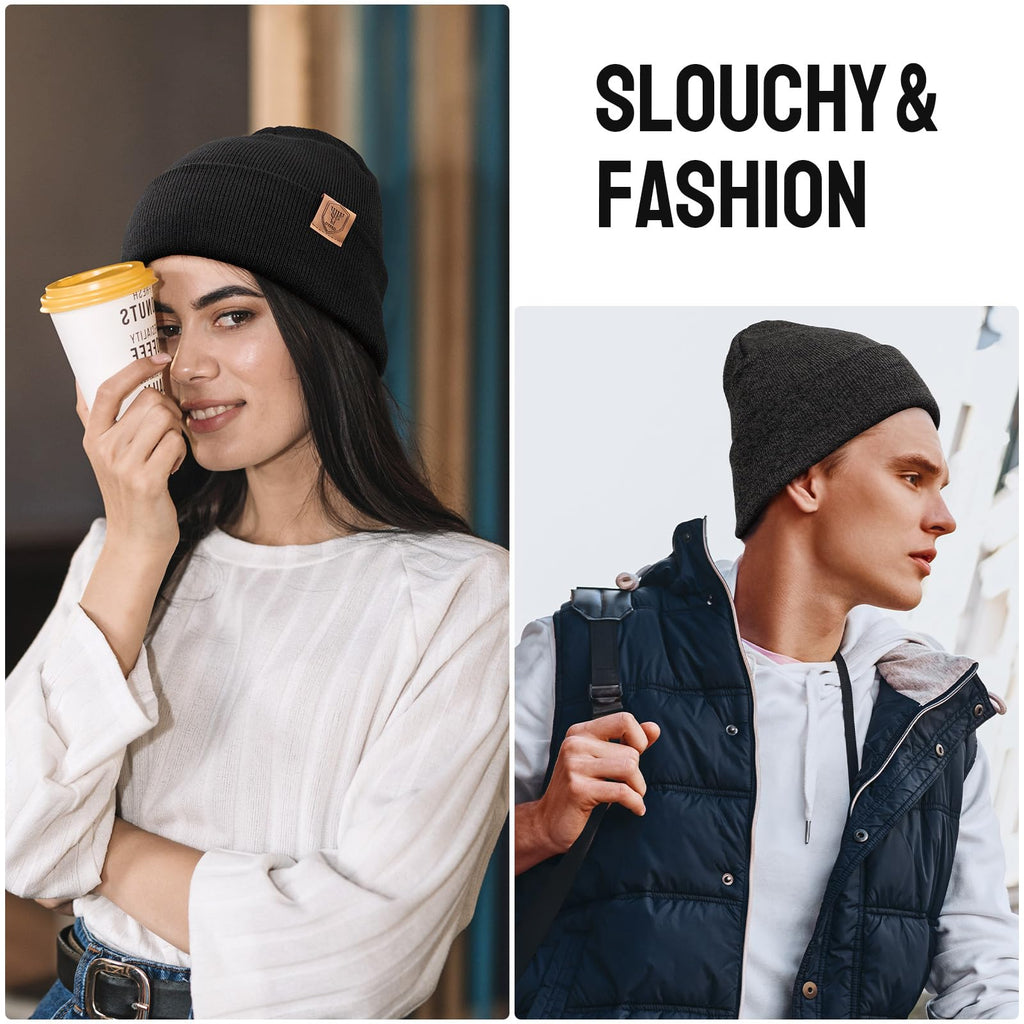OZERO Winter Beanie for Men Women: 2-Pack Daily Knit Cuffed Hat, Skull Thermal Caps, Warm Soft for Cold Weather Black Gray