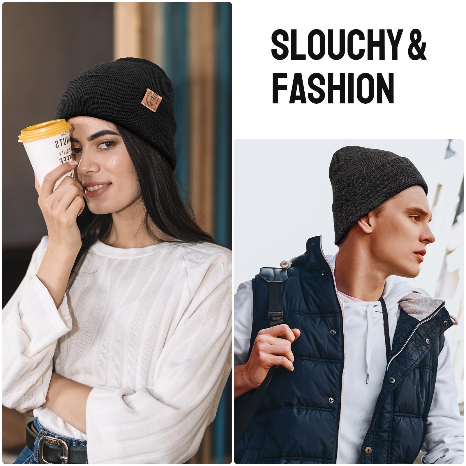OZERO Winter Beanie for Men Women: 2-Pack Daily Knit Cuffed Hat, Skull Thermal Caps, Warm Soft for Cold Weather Black Gray