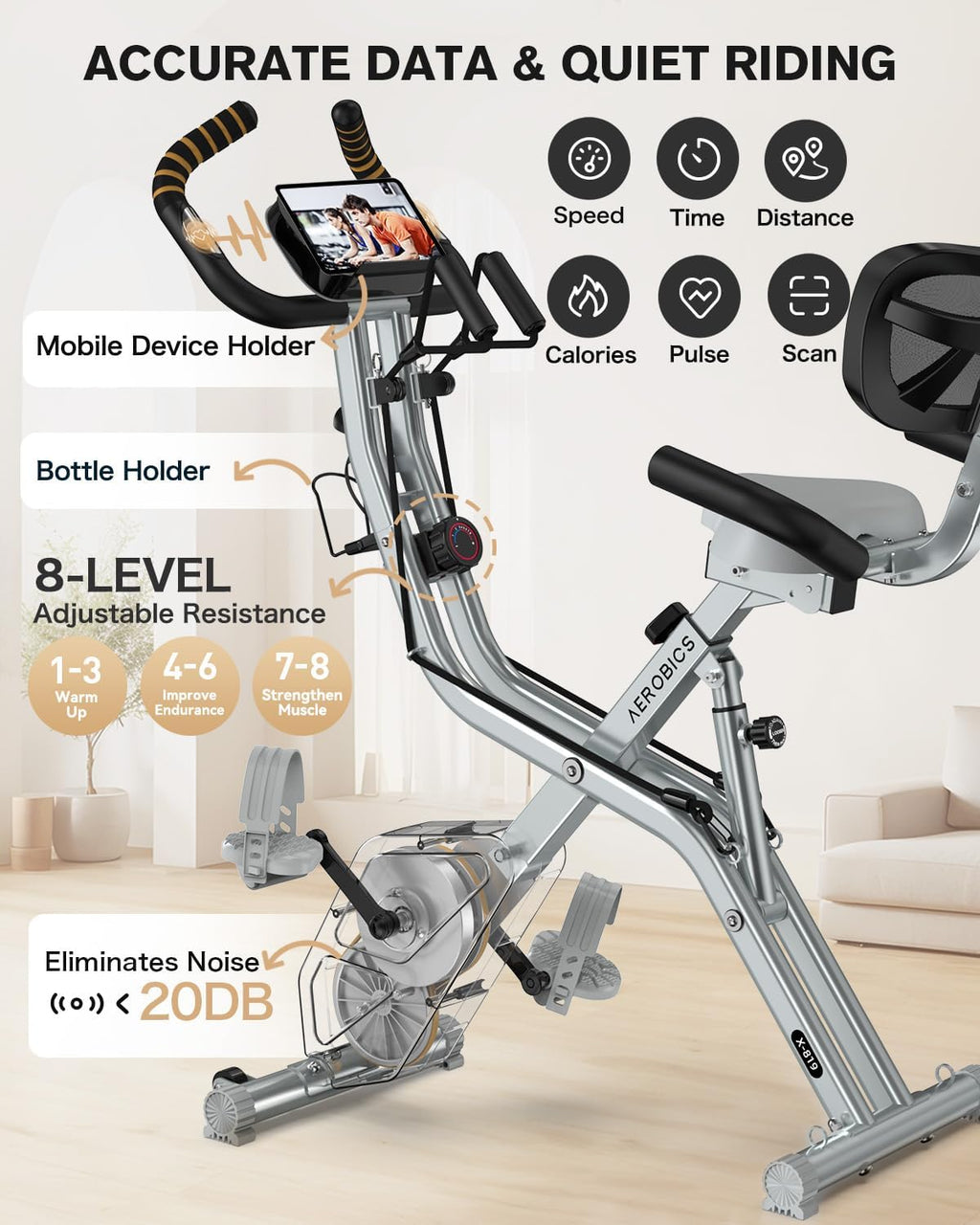 Pooboo Folding Exercise Bike - Magnetic Upright Stationary Bike with 8-Level Resistance | 300LB Capacity, Back Support Cushion