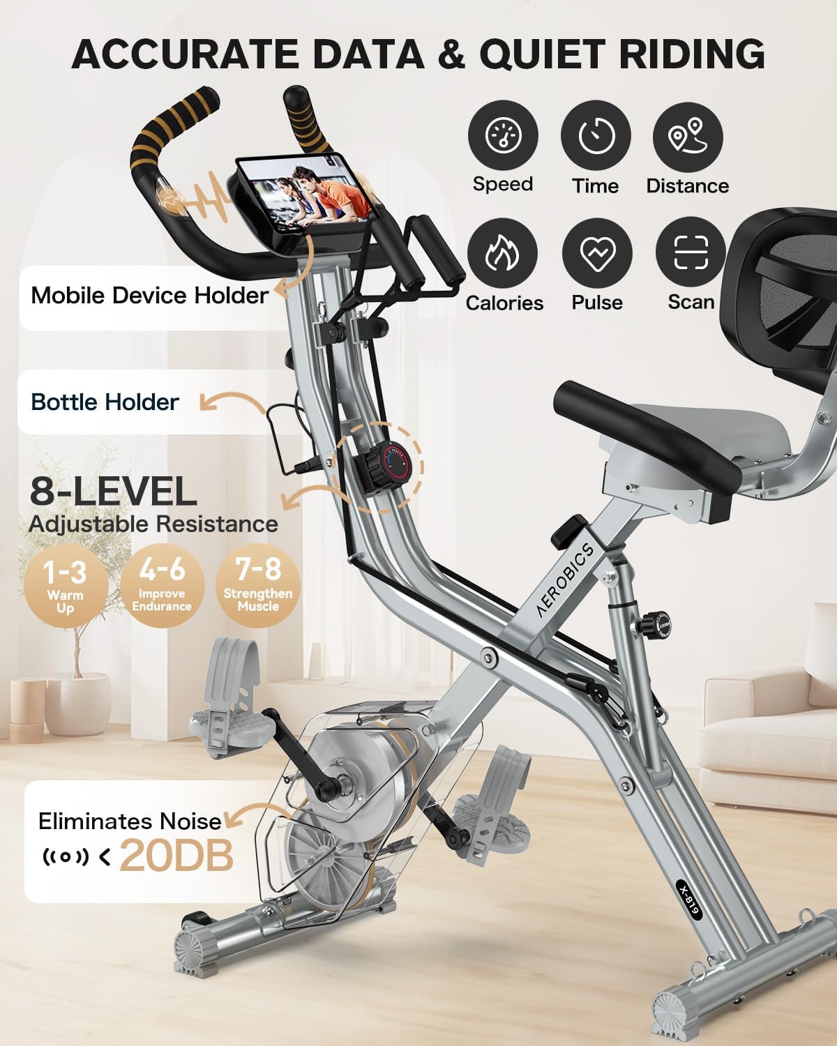 Pooboo Folding Exercise Bike - Magnetic Upright Stationary Bike with 8-Level Resistance | 300LB Capacity, Back Support Cushion