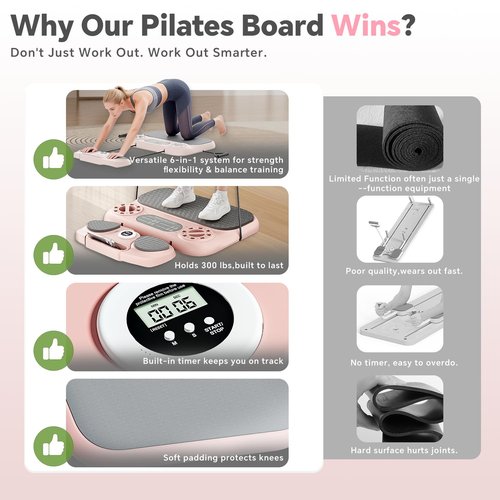 SHIJING Pilates Reformer Board，6-in-1 Foldable Pilates Equipment for Home Workout with Timber，Core& Full Body Training for Women