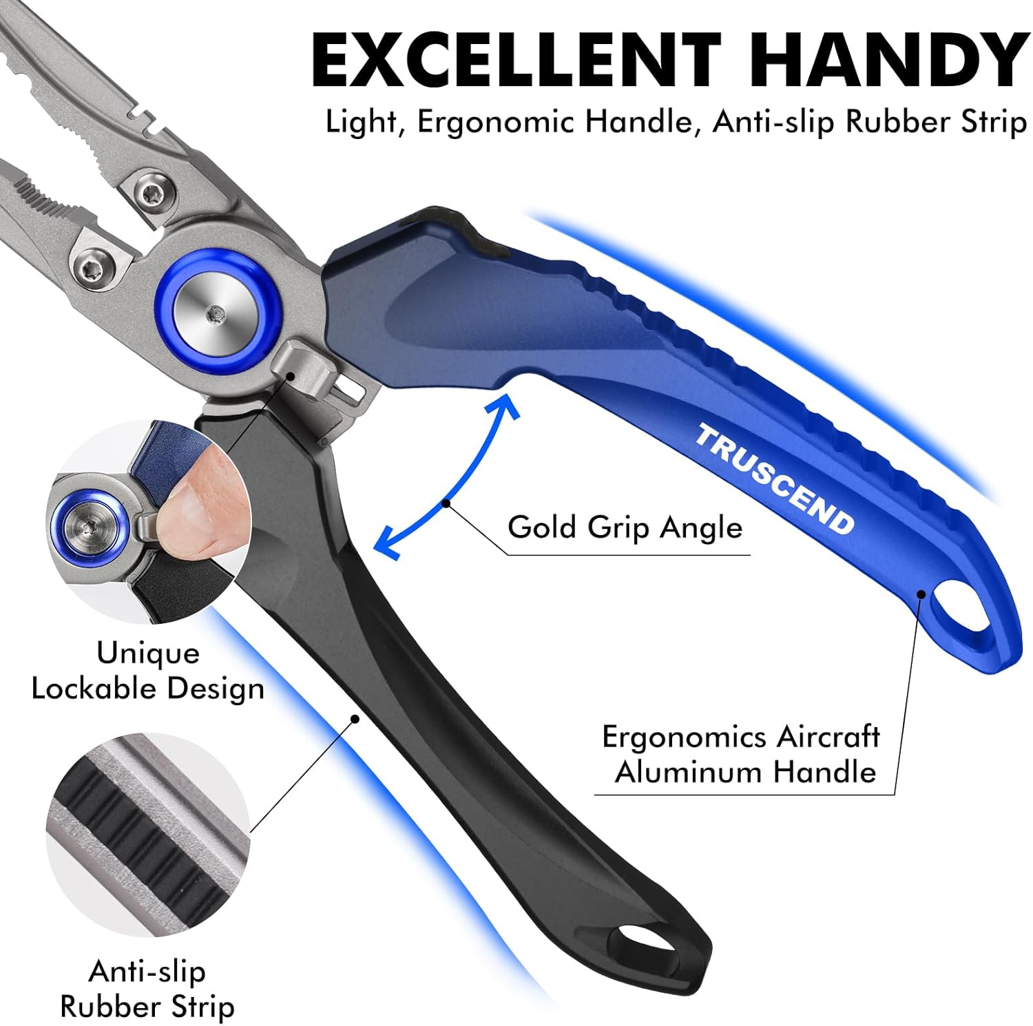 TRUSCEND Lockable Fishing Pliers - Ergonomic Handle, Tungsten Carbide Cutter, Saltwater Resistant