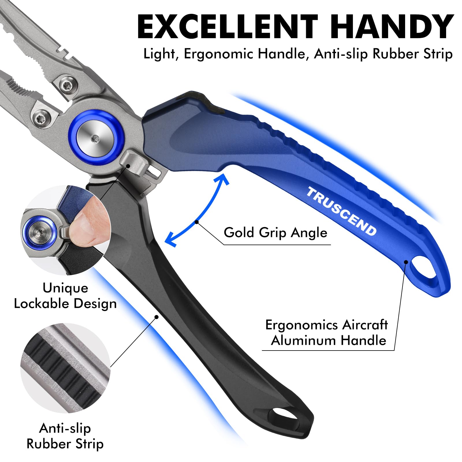 TRUSCEND Lockable Fishing Pliers with High Tungsten Carbide Cutter, Innovative Ergonomic Handy Handle, Saltwater Corrosion Resistant Teflon Coated Fishing Tool, Super Light Multi-Function Fishing Gear