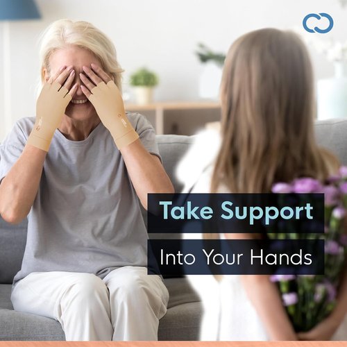 Copper Compression Arthritis Gloves - Fingerless Pain Relief for Carpal Tunnel | Hand Support for Neuropathy & Tendonitis (Nude, L)