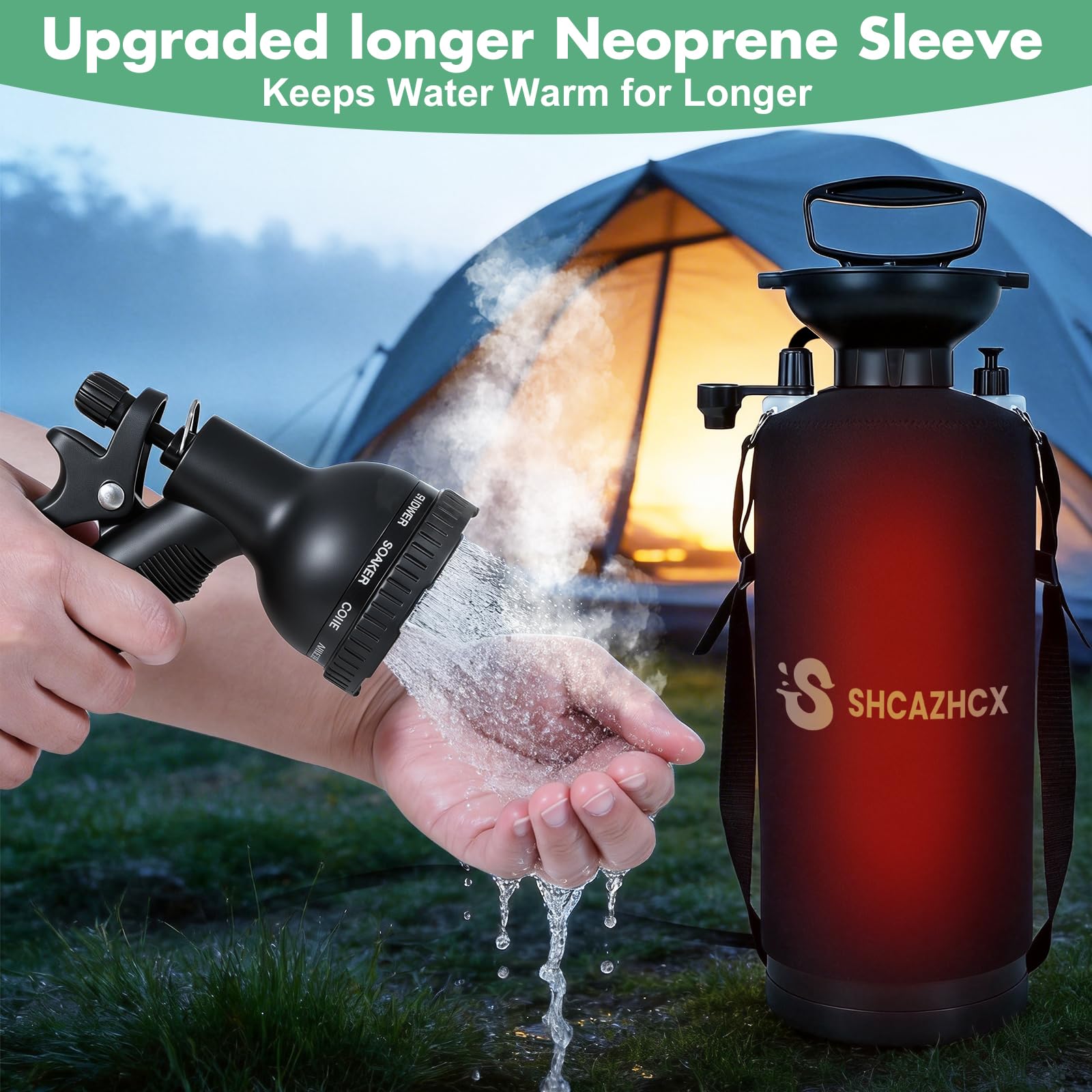 Shcazhcx 2.1 Gallon/8L Portable Water Shower, No Power Needed, Nylon Insulated Sleeve, 10 Spray Modes, Pressurized Portable Shower Sprayer for Camping, Hiking, Beach, Surfing & Outdoor Use, Orange