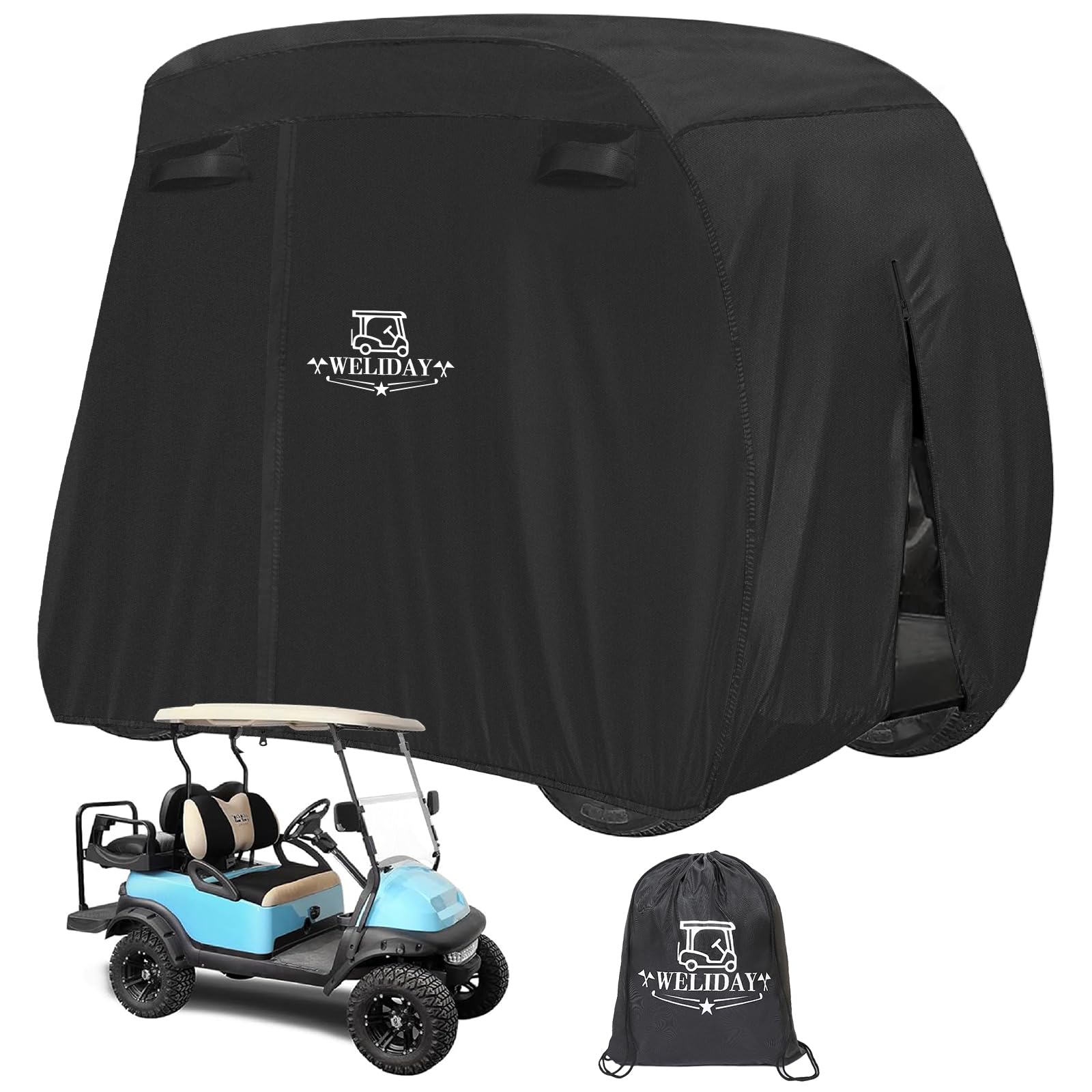 WELIDAY Golf Cart Cover Compatible with Yamaha EZGO Club Car, 2/4/4+2 Passengers Golf Cart Cover with Three Zipper Doors, Water Resistant Polyester Fabric for All-Weather Protection