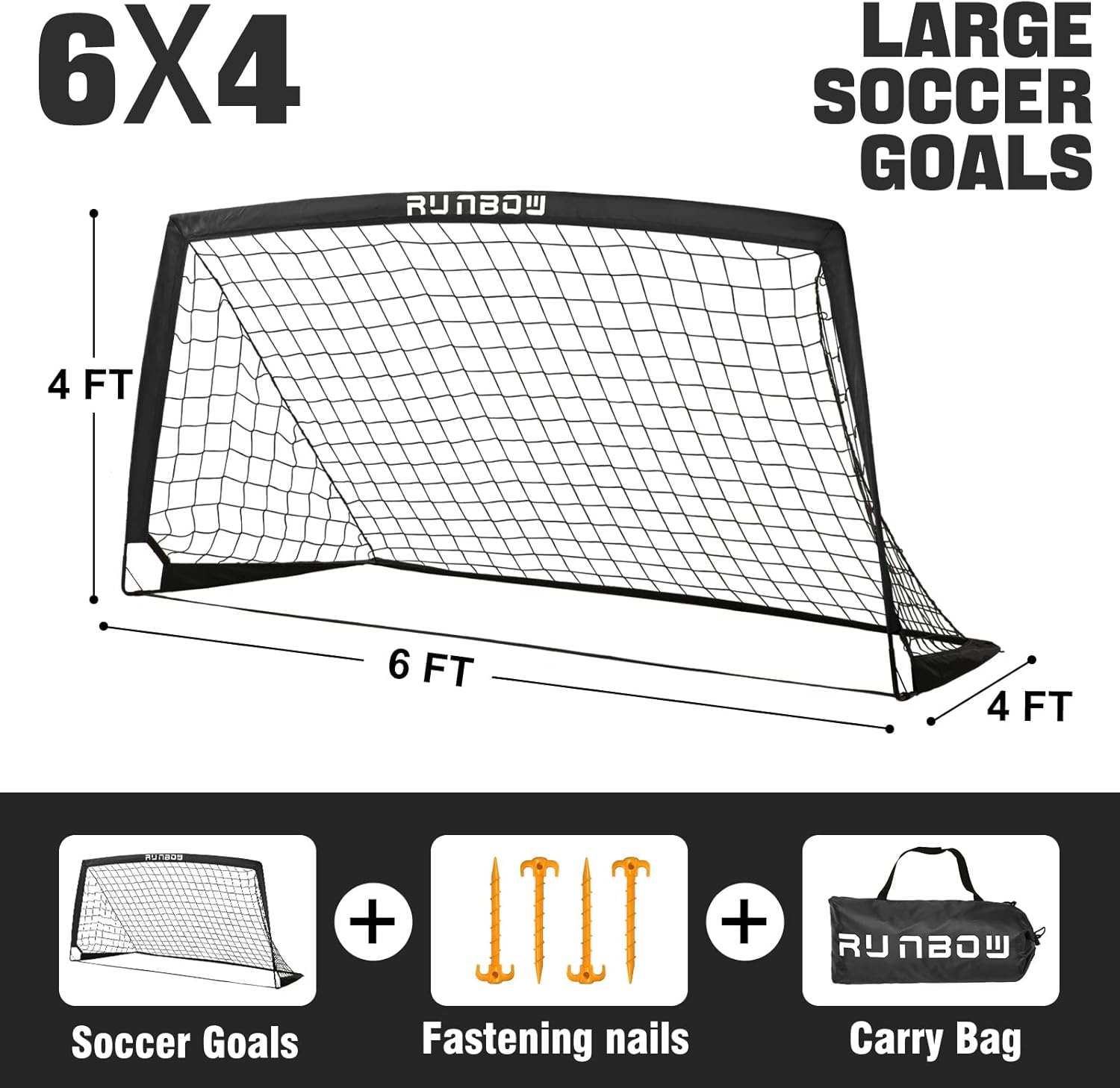 RUNBOW 6x4 FT Kids Soccer Goal with Carry Bag, Portable Folding Soccer Net for Backyard Practice Training, Indoor/Outdoor Use for Youth and Adults