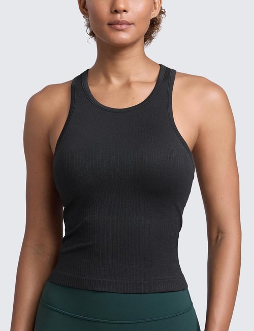 CRZ YOGA Seamless Ribbed High Neck Tank Top - Sleeveless Crop Yoga Shirt with Built-In Bra