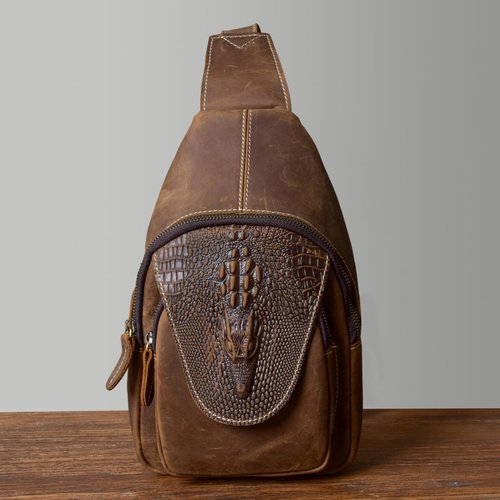 Myunxui Genuine Leather Sling Bag for Men Women Backpack Chest Shoulder Satchel Crossbody Bags Casual Outdoor Daypack Deep Brown