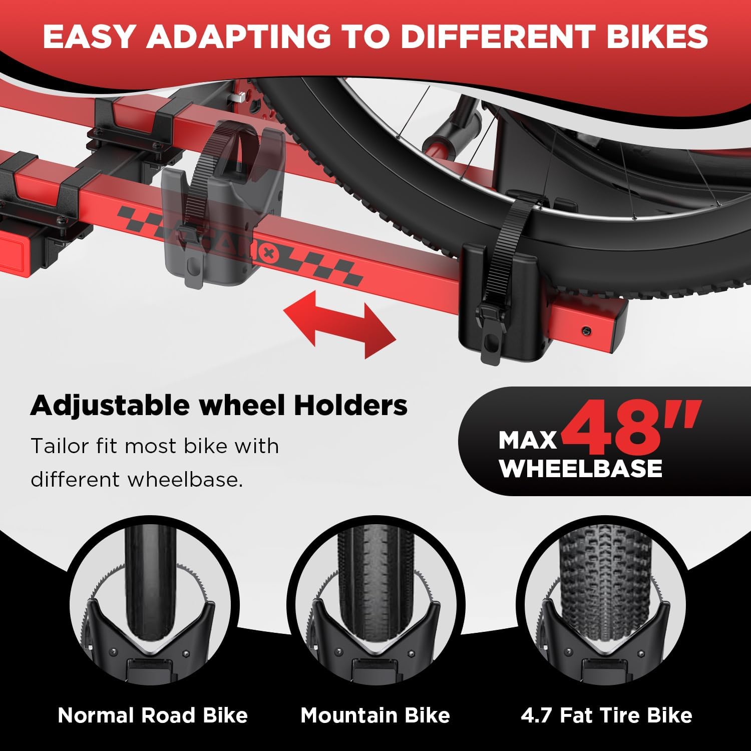 TANX Bike Rack for E-Bikes | Smart Tilting Platform for Fat Tire Bikes | 200 lbs Capacity, Fits 2-Inch Receiver, Red