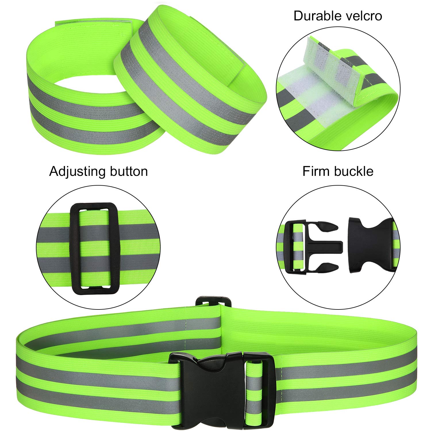 Hotop 6 Pieces Reflective Band Strap Safety Reflective Glow PT Belt High Visibility Waist Belt for Arm, Wrist, Ankle, Leg Running Cycling Walking Marathon(Green)