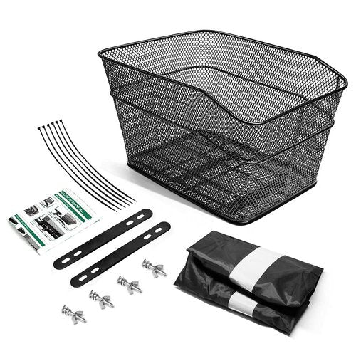 ANZOME Rear Bike Basket with Waterproof Rain Cover, Heavy Duty Wire Bicycle Cargo Rack for Commuting, School & Small Pets, Large Reflective Back Carrier Storage (Easy Install, 44lbs Capacity)