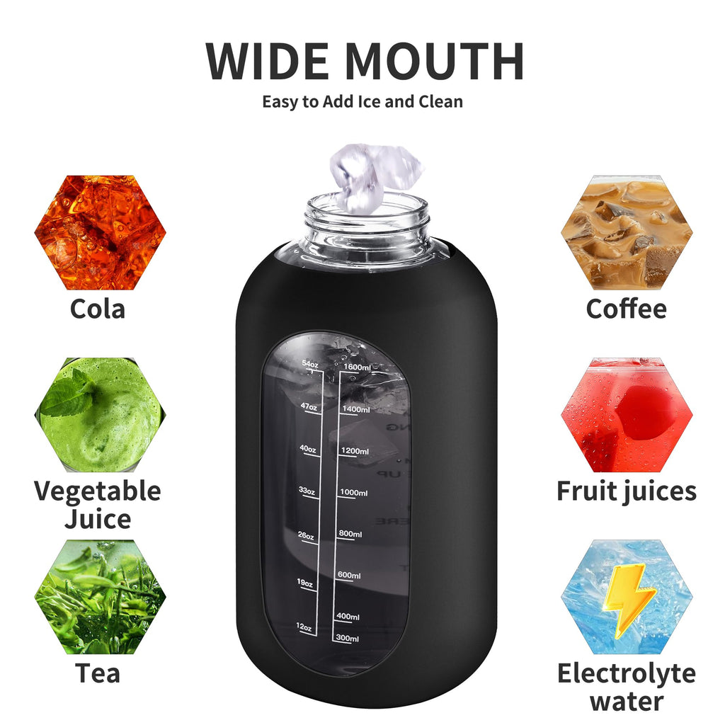 CIVAGO 32 oz Glass Water Bottle with Straw and Handle, Large Sports Motivational Water Bottle Flask with Time Marker and 2 Lids, Leakproof Water Jug Canteen with Silicone Sleeve for Gym,Mauve