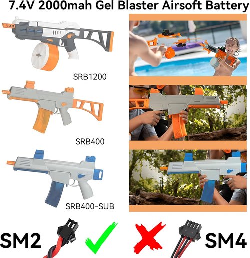 Airsoft Gel Blaster Battery - 7.4V 2000mAh LiPo Rechargeable Battery for SRB400, SRB1200, MP5K, M4