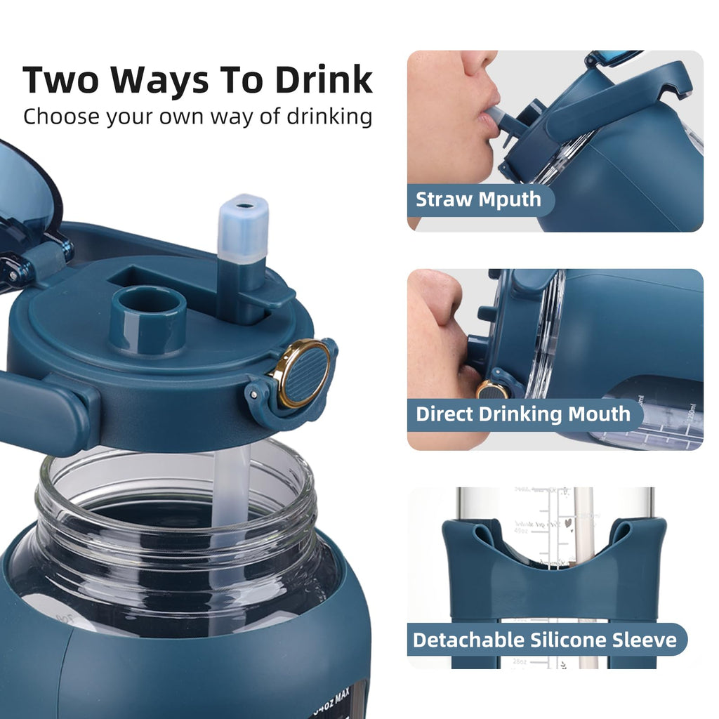 chunmo 74 oz Glass Water Bolttles with Straw Large Motivational Water Bottle with Time Marker Sports Water Bottles with Silicone Sleeve and Handle Lid 2.2L Water Jug for Gym Workout