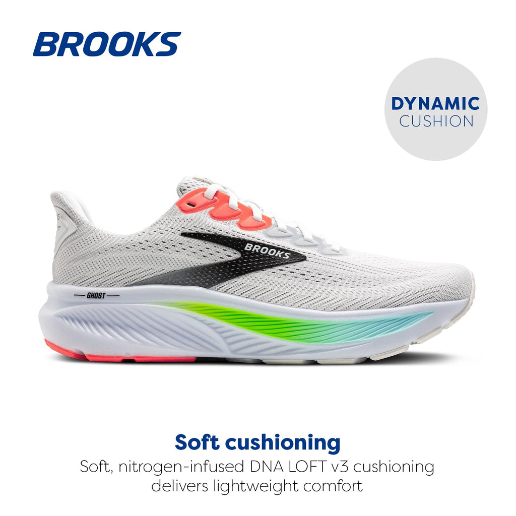 Brooks Men’s Ghost 17 Neutral Running Shoe - White/Pink Clay/Gecko - 10 Wide