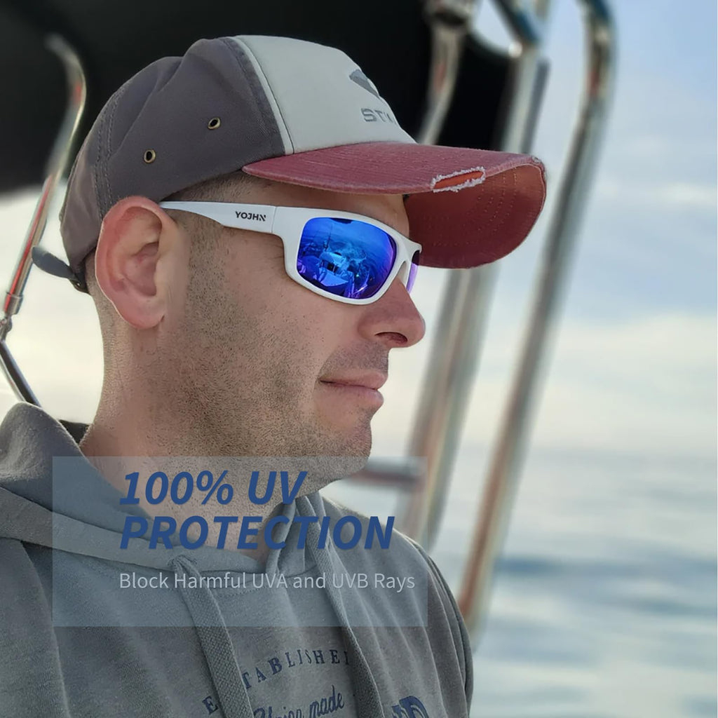 YOJHN Floating Polarized Sunglasses for Men Women UV400 Fishing Sunglasses See Fish in Water Kayaking Boating Sports Glasses (White Frame Smoke Base Blue Revo)