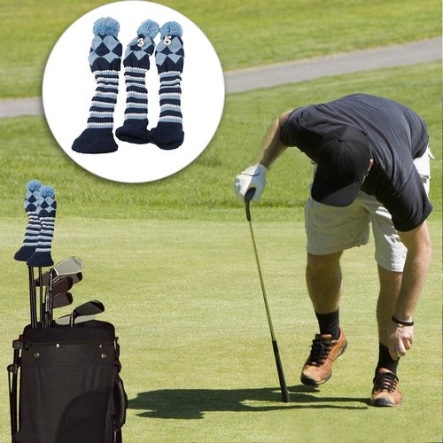 HIFROM 3pcs/Set Golf Club Argyle Knit Head Covers Headcovers Vintange Pom Pom Sock Covers 1-3-5 Compatible with Driver & Woods Blue & Dark Blue