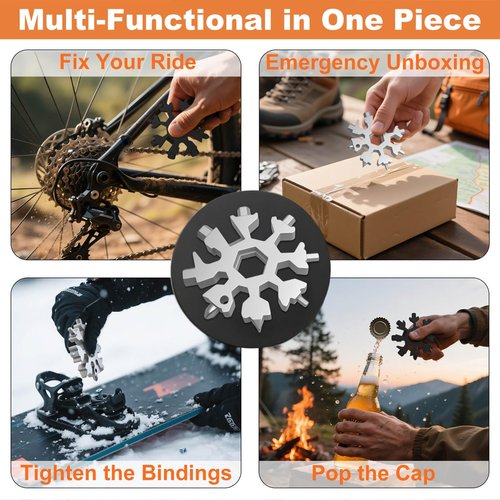 KULOLO Snowflake Multi Tool 2 Pack - Stainless Steel 18 in 1 Multitool with Carabiner,Bottle Opener & Wrench,Stocking Stuffers for Men,White Elephant Gifts, Christmas Gifts for Him(Silver + Black)