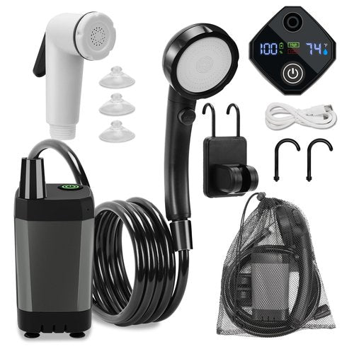 NOVCAPAR Portable Camping Shower, 6000mAh Rechargeable Camping Shower Pump with LCD Display Rechargeable Camping Shower, IPX8 Waterproof High Pressure Electric Outdoor Shower for Hiking, Travel