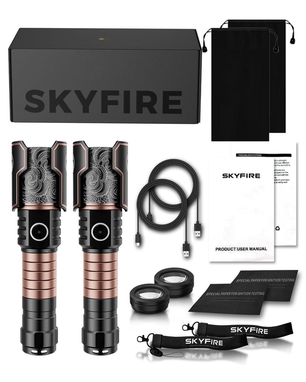SKYFIRE Rechargeable Flashlights with Ignition Lens: 2 Pack High Lumens Tactical Flashlight LED Zoomable with 6 Modes IPX6 Handheld Powerful Flash Light for Hunting, Storm preparedness,Home&Gifts