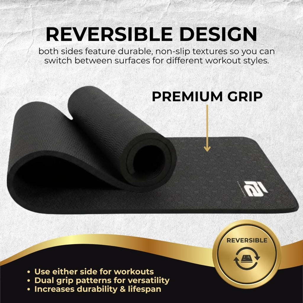 Fit Active Sports Oversized 6’ x 4’ Extra Large Workout Mat with Carry Bag & Straps — Heavy-Duty, Non-Slip Exercise & Equipment Large Mat for Home Gyms, Lifting & Training, Roll-Up | Black