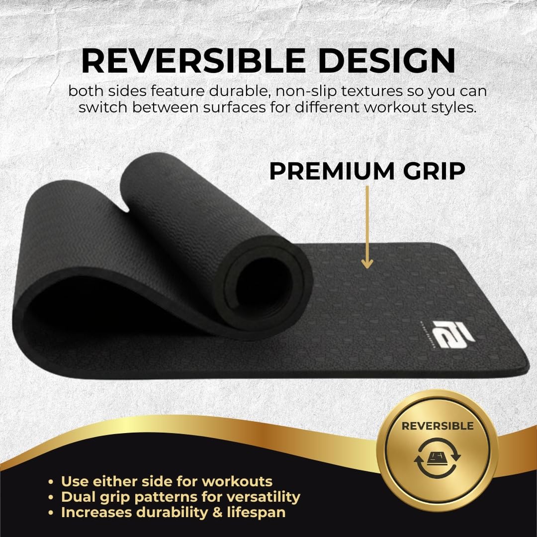 Fit Active Sports Oversized 6’ x 4’ Extra Large Workout Mat with Carry Bag & Straps — Heavy-Duty, Non-Slip Exercise & Equipment Large Mat for Home Gyms, Lifting & Training, Roll-Up | Black