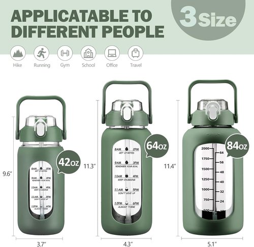 Kytffu 84oz Glass Water Bottle - Leakproof Gallon Jug with Straw & Silicone Sleeve | Olive Color