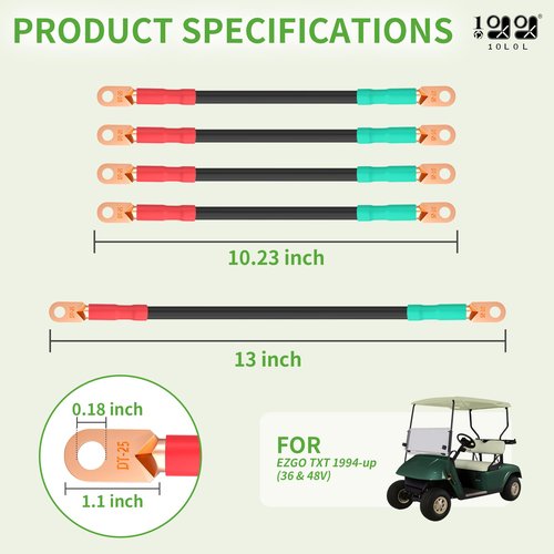 9.99WORLD MALL 10L0L Golf Cart Battery Cables 4 Gauge for EZGO TXT 1994-Up 36V & 48V, Pure Copper Heavy Duty Wiring Kit with Lugs (5-Piece Set)