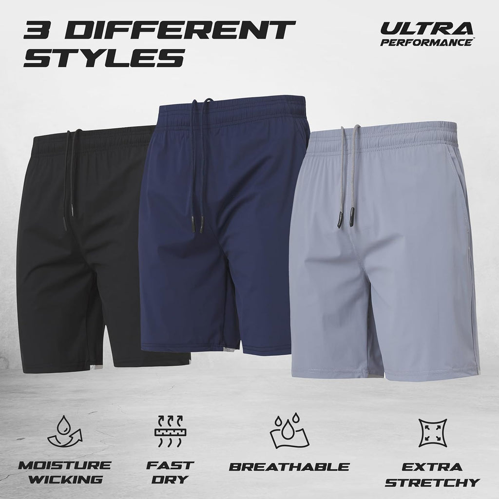 Skiennix Ultra Performance Men's Athletic Running Shorts - 3 Pack Super Stretch Gym Shorts | 7 Inch Inseam