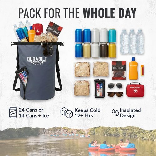 DURABILT Backpack Cooler Insulated Waterproof – 24 Cans, Leak Proof Heavy Duty Soft Sided Cooler Backpack, Dry Bag Roll Top Sack, 14 Cans + Ice, Gear Dry for Hiking, Beach, Camping, Fishing & Kayaking