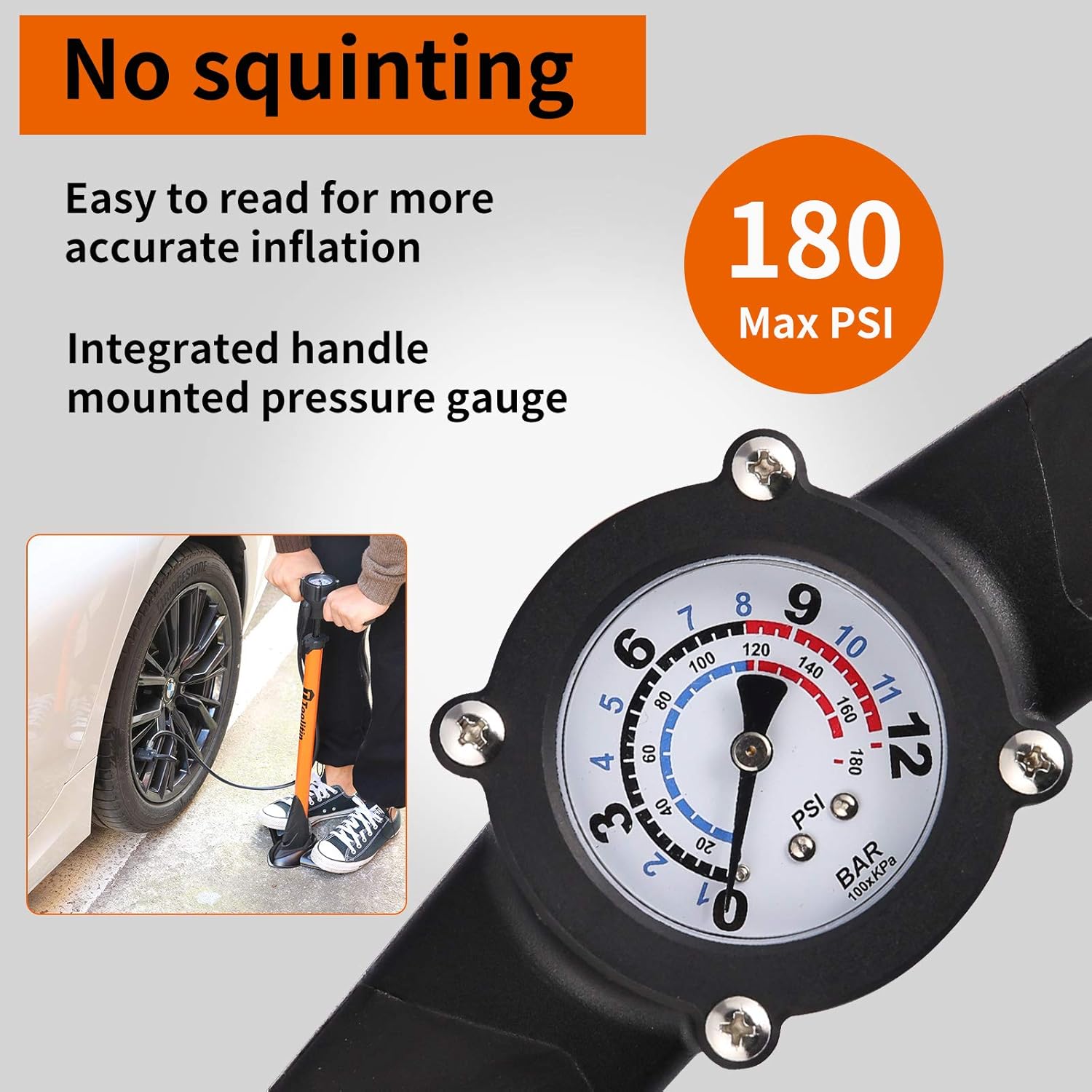 TOOLITIN Pro Bike Pump - Ergonomic Bicycle Pump with Pressure Gauge | 180 PSI, Fits Presta & Schrader Valves