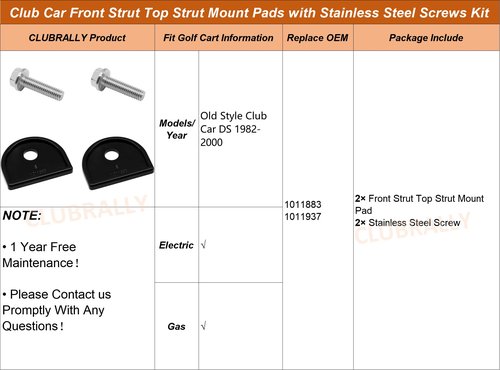 CLUBRALLY Golf Cart Front Top Strut Mount Pads with Stainless Steel Screws Kit, Fit for Club Car DS 1982-2000