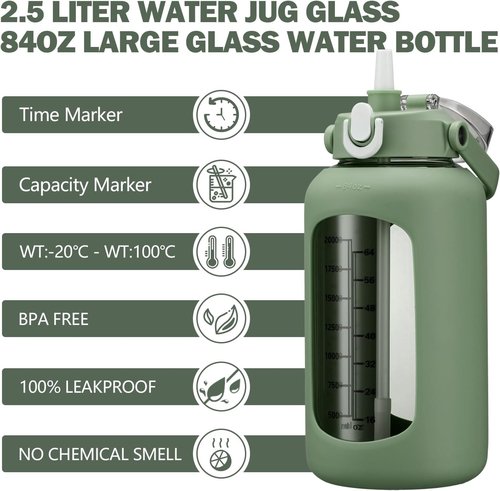 Kytffu 84oz Glass Water Bottle - Leakproof Gallon Jug with Straw & Silicone Sleeve | Olive Color