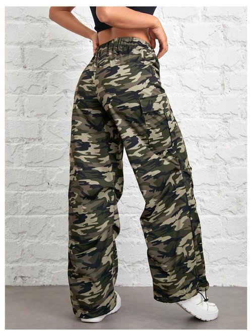 Floerns Girl's Camo Print Straight Leg Y2k Pants Elastic Waist Gym Track Pants Army Green 10Y