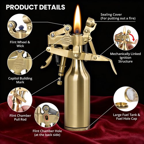 KAMBOLLY The Capitol Lighter, Vintage Trench Lighter Antique Kerosene Fluid Refillable Copper Lighters, Replica Classic Unique Table Lighters Collection Gift for Man Dad (Fuel Not Included)