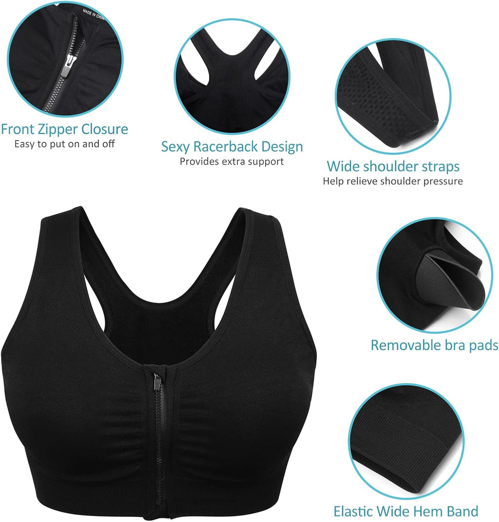 Skiennix Women's Zip Front Sports Bra - Wireless Post-Surgery Support for Yoga & Active Wear