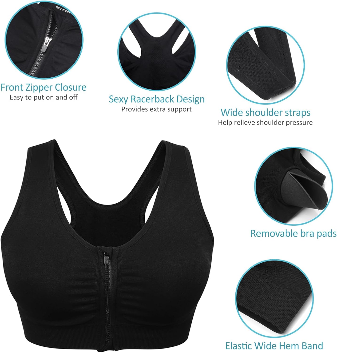 Skiennix Women's Zip Front Sports Bra - Wireless Post-Surgery Support for Yoga & Active Wear