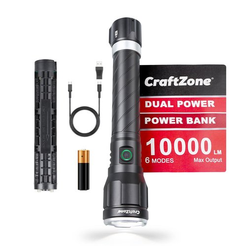 CRAFTZONE Rechargeable High Lumen Flashlights, 10000LM 2624Feet Long Throw Super Bright Flashlight,Bidirectional Lighting 300-hour Ultra-Long Flashlights,IPX6 Waterproof(Black)